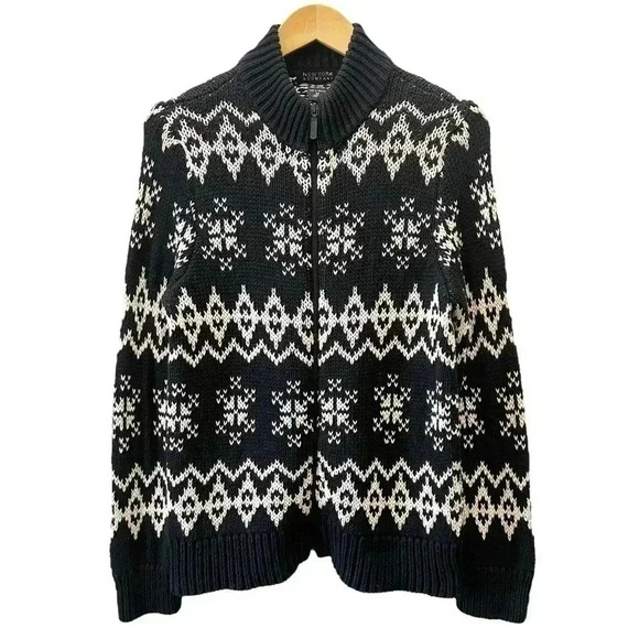 New York & Co Cardigan Ramie Cotton Knit Zip Front Sweater Black Beige Medium - Picture 14 of 14